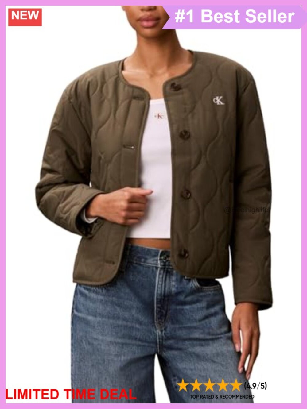 Ultra Lightweight Quilted Liner Jacket Button Front Crewneck